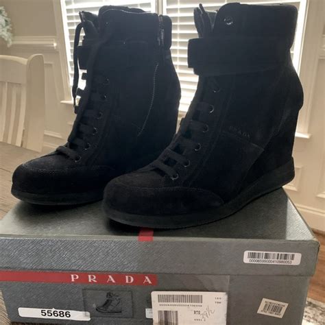 prada black suede wedge hi-top sneakers|designer Prada sneakers.